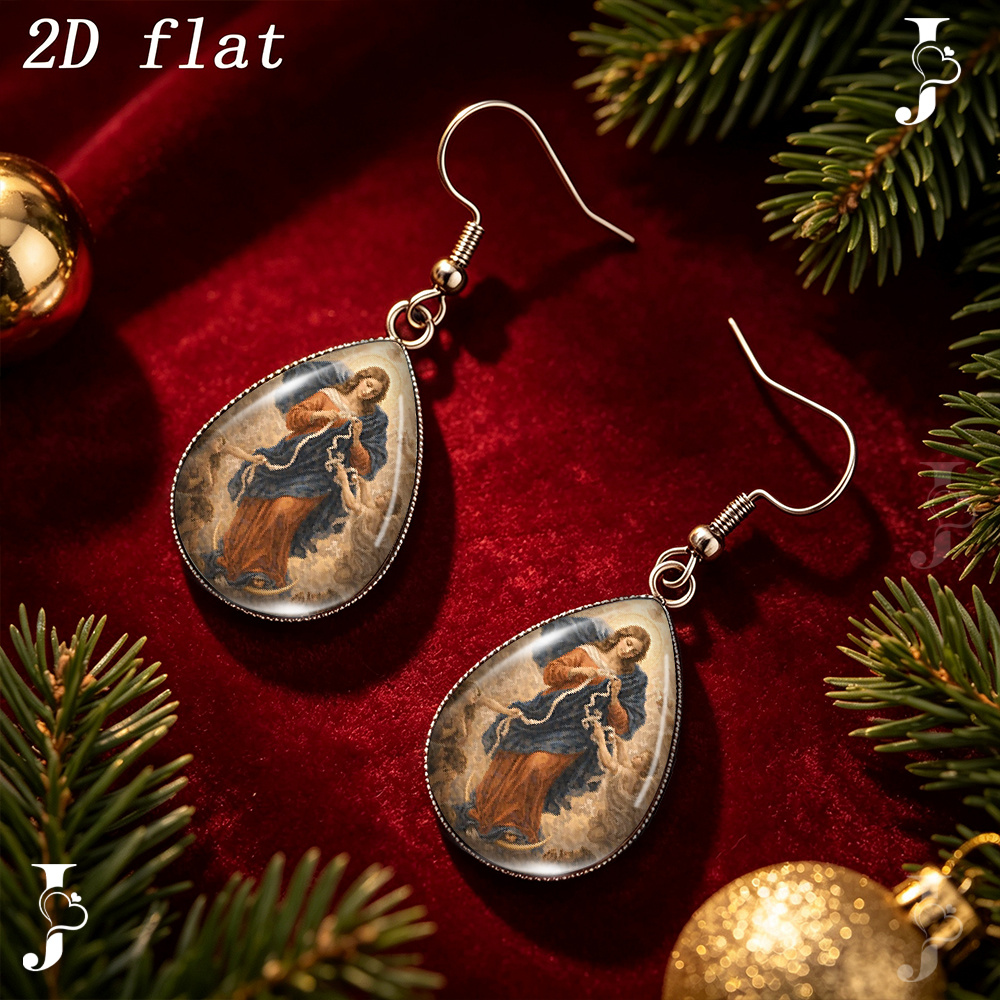 Teardrop Dangle Earrings with Our Lady Undoer of Knots Pattern